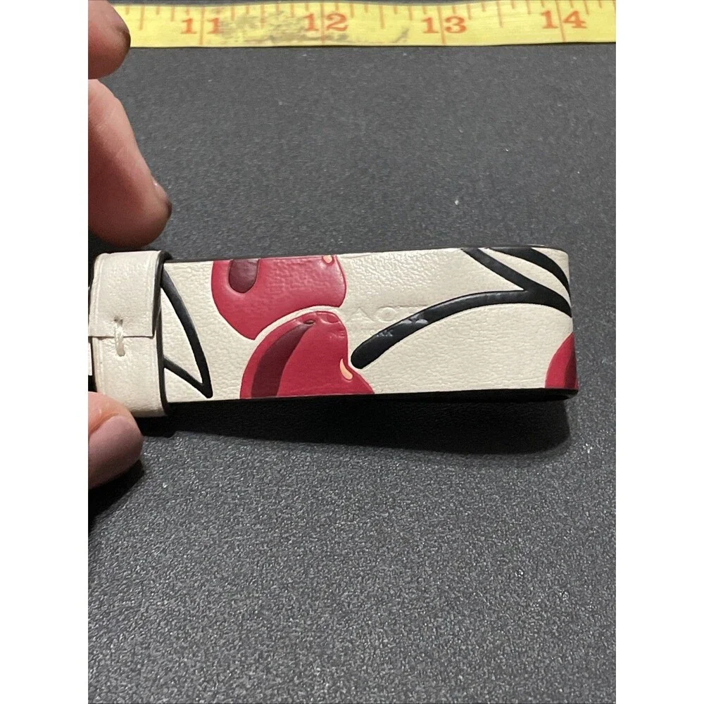 Coach Chalk White & Red Cherries Leather Keychain Valet Fob Turnlock Silver Tone